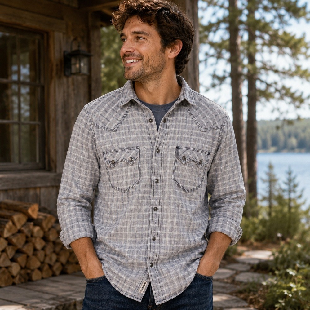 Moonshine Spirit Brad Paisley Mens Grey Blue Plaid Pearl Snap Western Shirt M
